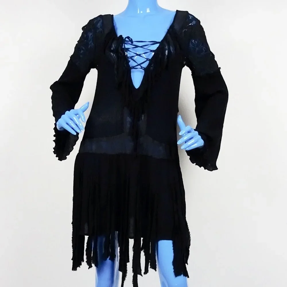 Free People Black Shipwreck Cove Dress M 8 10 Fringe Gypsy Goth Festival Pirate - Picture 3 of 7